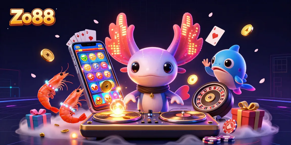 Experience thrilling gaming with Zo88, featuring dynamic characters in a vibrant casino illustration.
