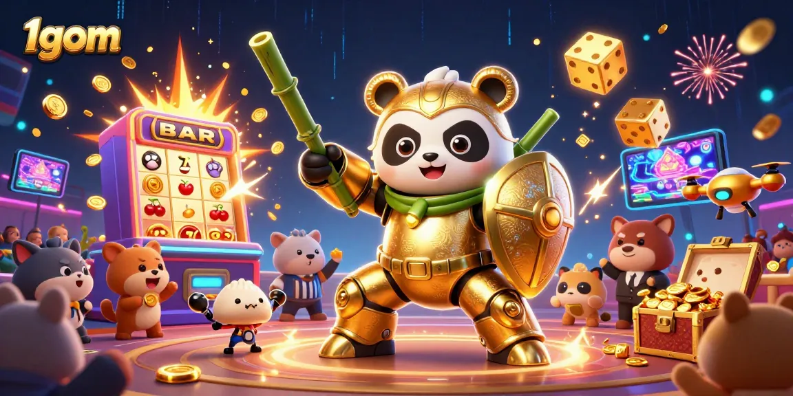 1gom showcases an exciting 3D illustration of a golden panda pilot in a casino arena, engaging in thrilling gameplay.