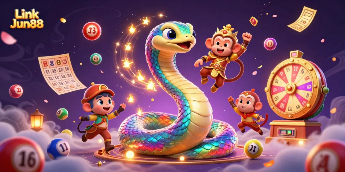 Spin and win with Link Jun88 in a vibrant illustration featuring a magic serpent and playful elements of gambling.