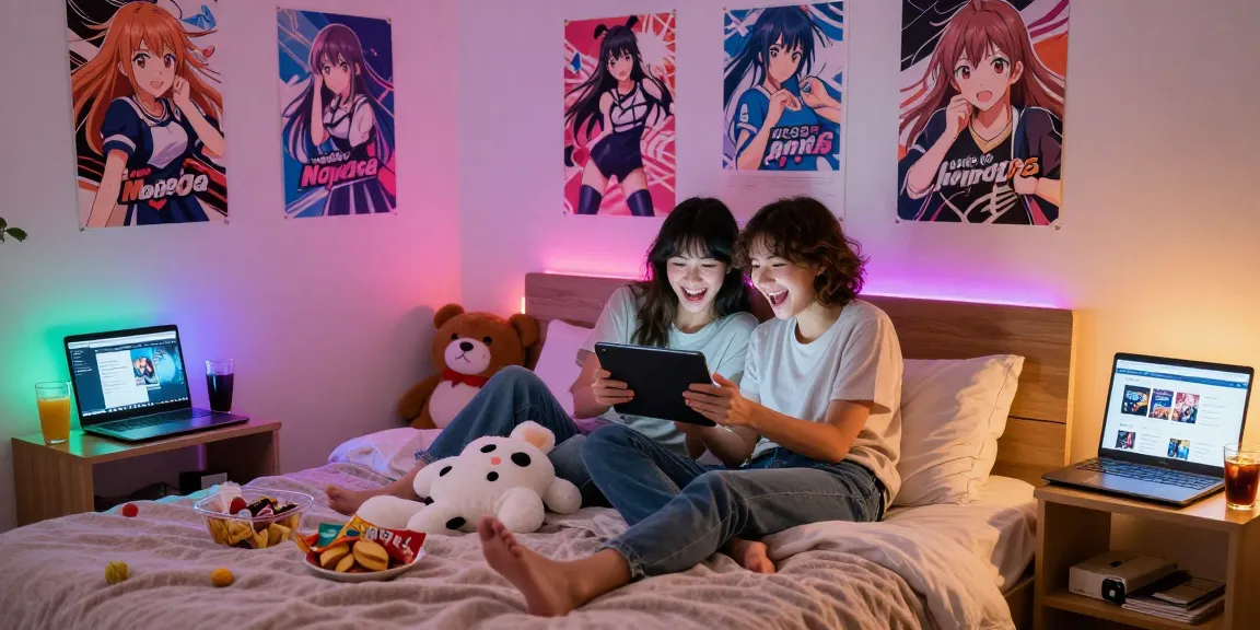Engaging couple plays hentai games together in a cozy bedroom.