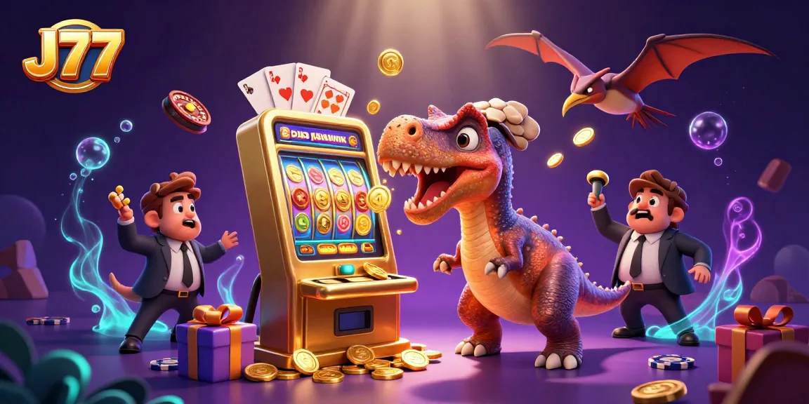 J77 casino excitement as a pachycephalosaurus hits a golden slot machine for jackpot coins