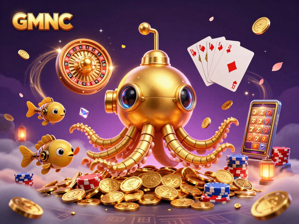 Engage in gaming adventure with GMNC's vibrant 3D illustration of casino excitement and golden treasures.
