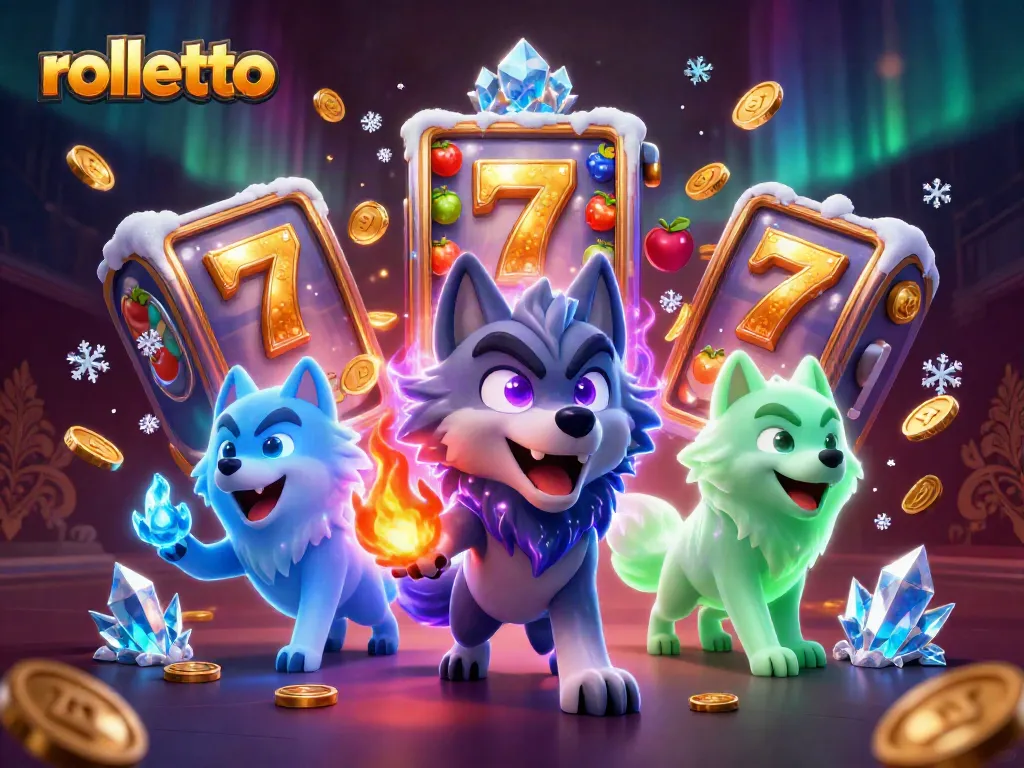 Experience rolletto's thrilling gaming scene with vibrant wolves and slot symbols abounding.