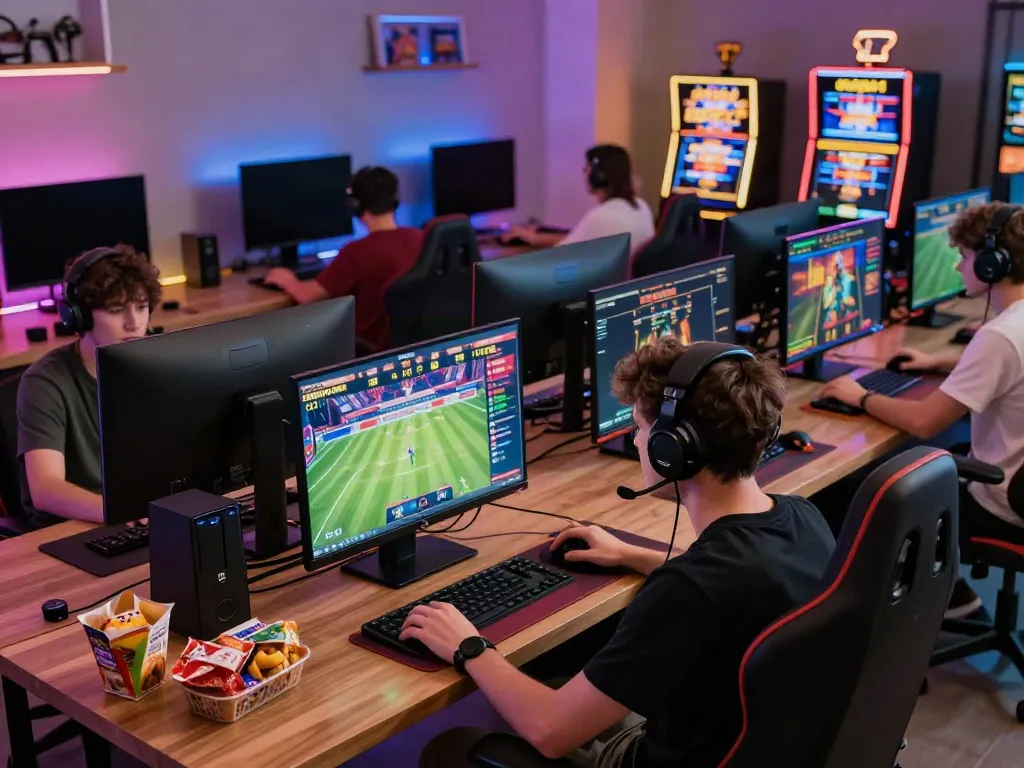 Engaged players experiencing the excitement of online gaming at Gem88 with vibrant displays and modern setup.