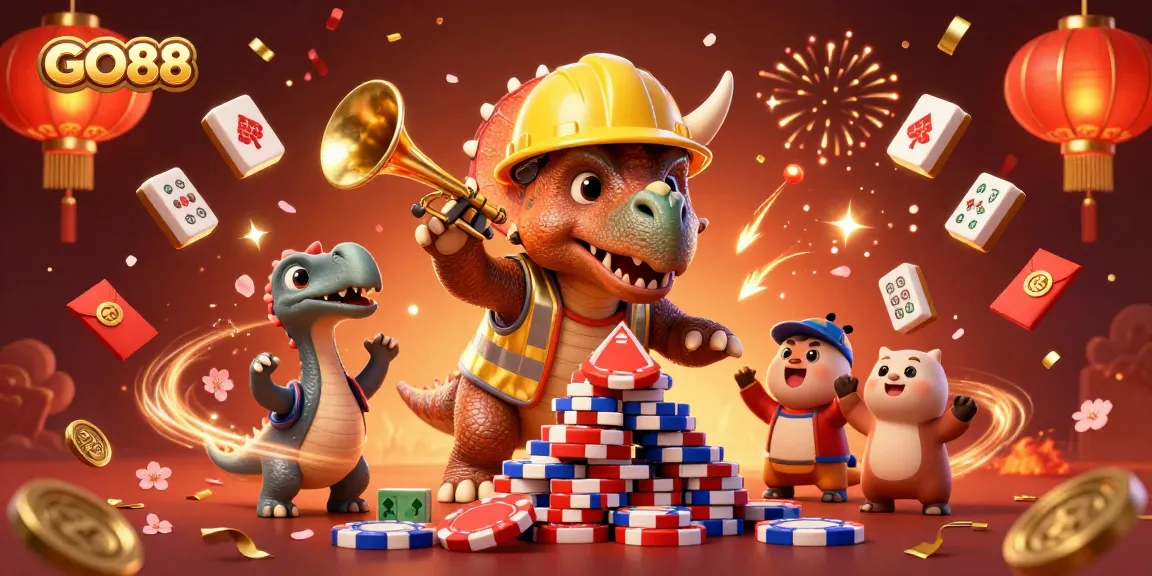 Join GO88's exciting games with vibrant characters celebrating with poker chips and festive elements!