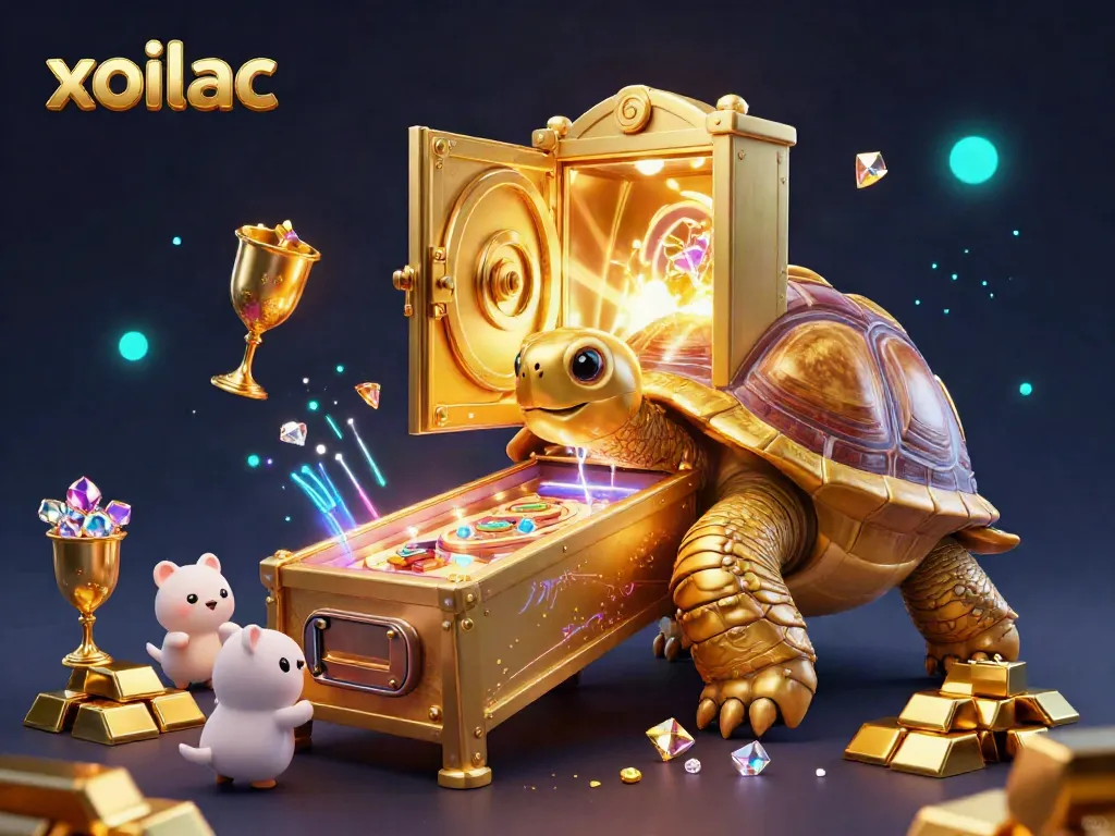 Xoilac captures the excitement of gambling with a colossal tortoise pinball machine, adorned with rich treasures.