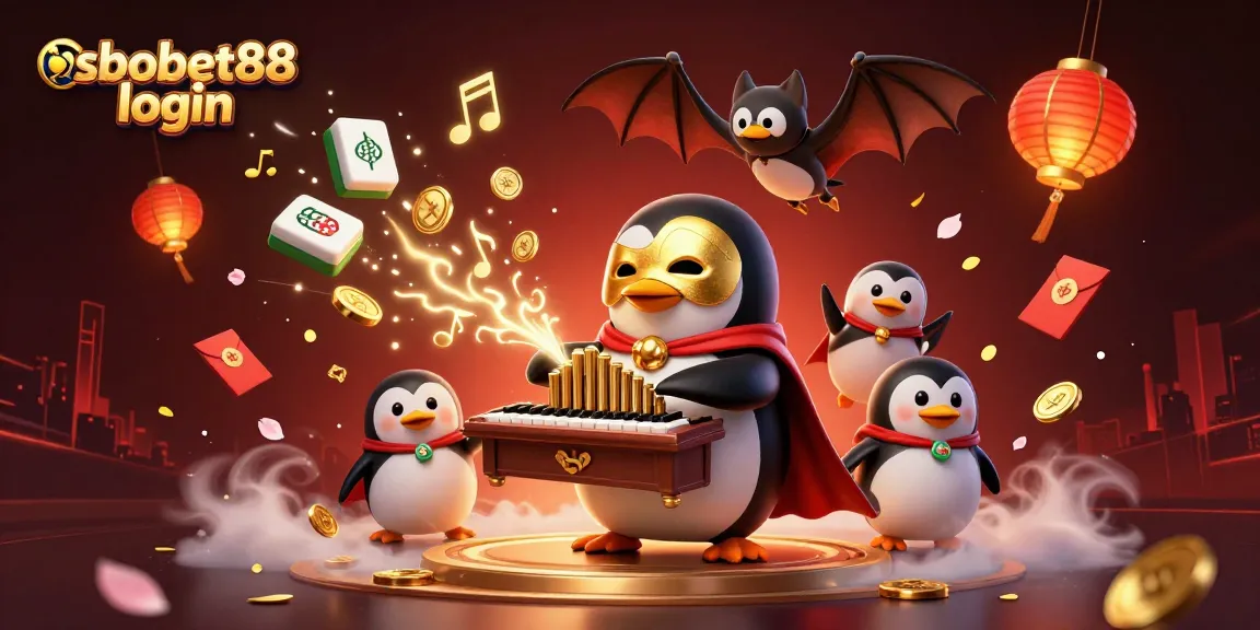 Engage in sbobet88 login with a dazzling illustration of a penguin playing organ, unleashing golden coins.