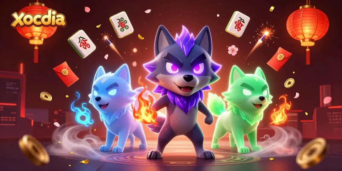 Xocdia gaming illustration showcasing a vibrant scene with mystical wolves, floating mahjong tiles, and festive elements.
