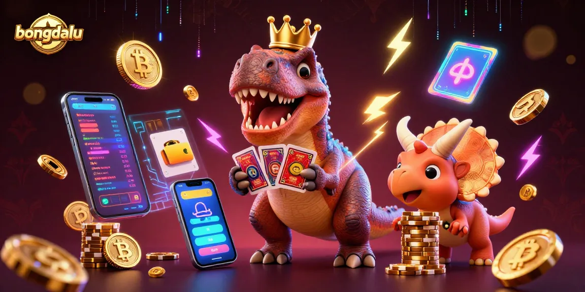 Bongdalu scene featuring a friendly T-Rex shuffling cards, showcasing vibrant gambling elements.