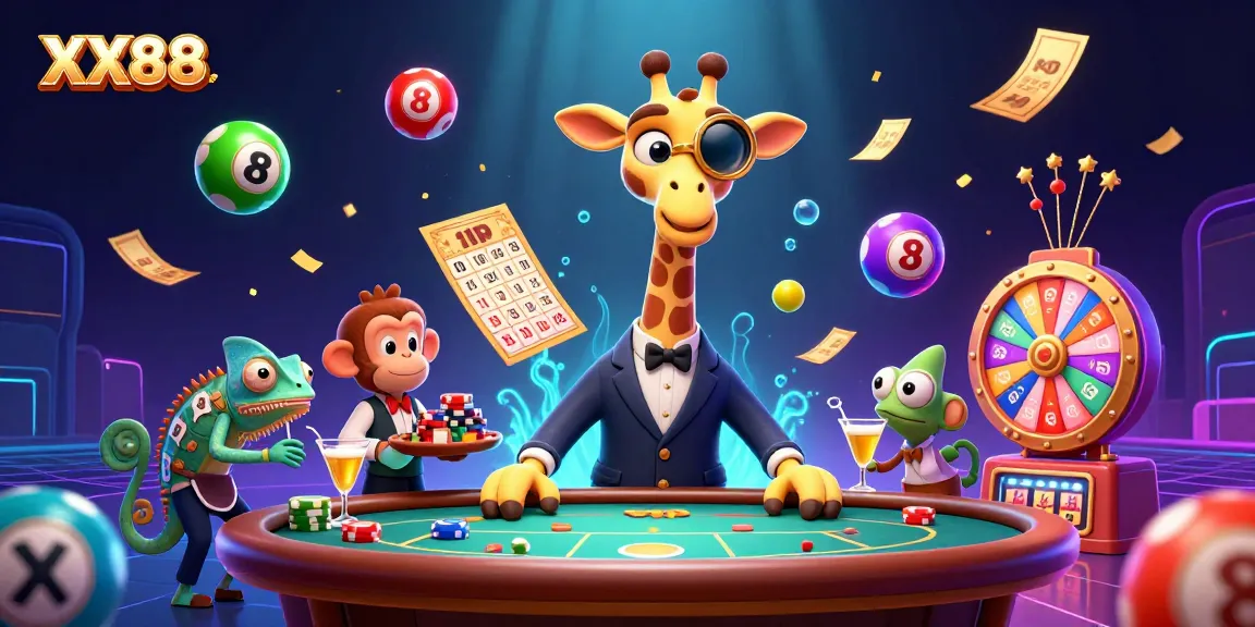 Experience the excitement of XX88 with vibrant lottery elements and casino characters in action