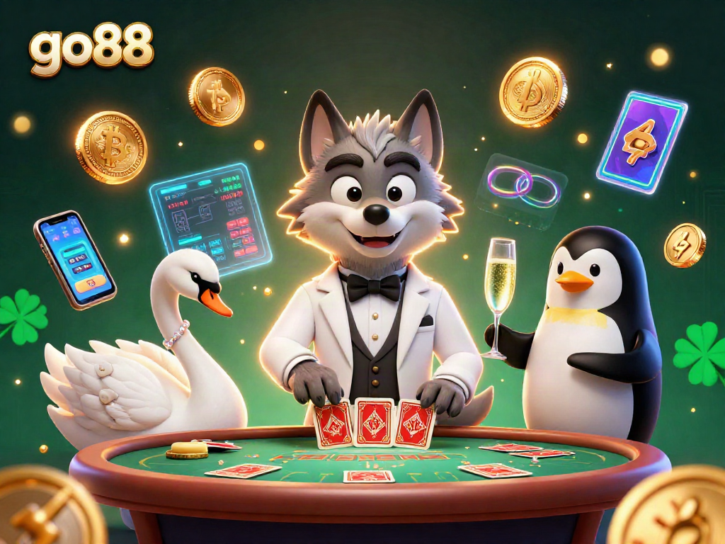 Experience the thrill of go88 with a vibrant 3D gaming scene featuring exciting cartoon characters and cryptocurrency elements.