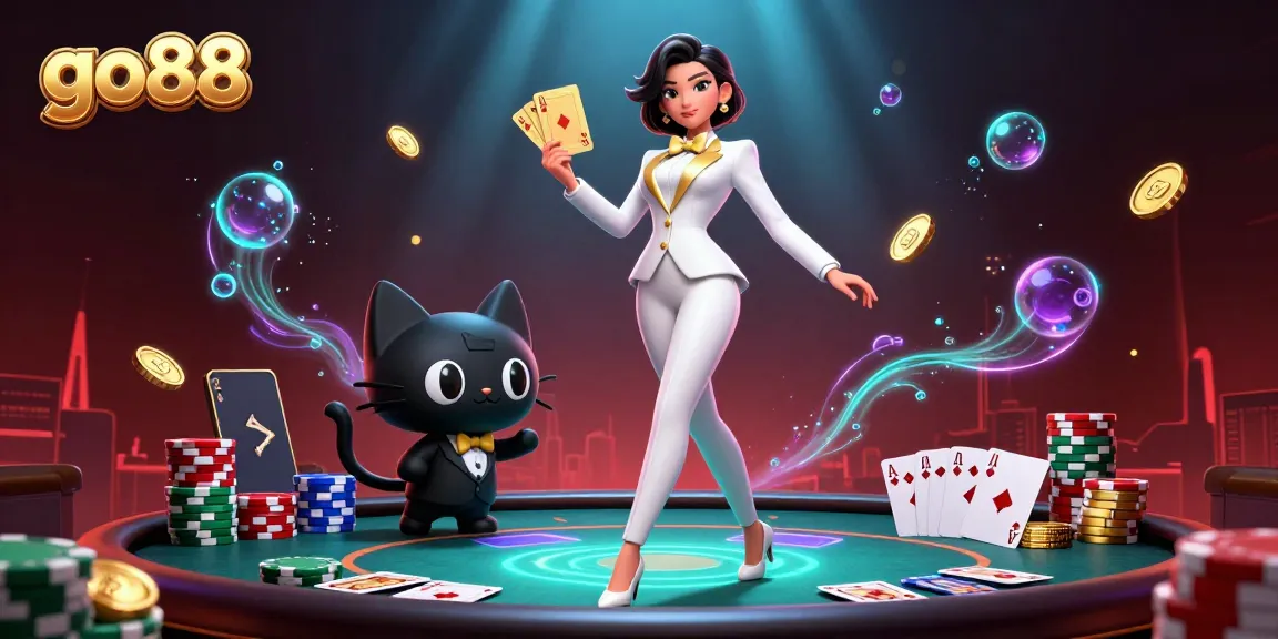 Experience thrilling poker action at go88 with a glamorous dealer shuffling golden cards.