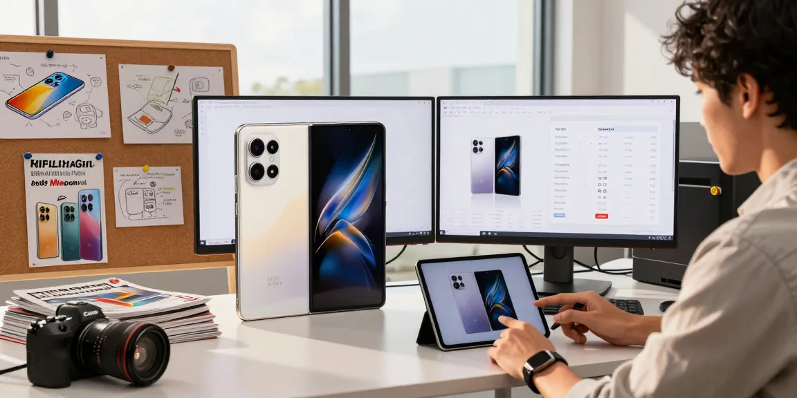 A tech enthusiast explores foldable phones 2026 in a modern office, analyzing specs and designs on dual monitors.