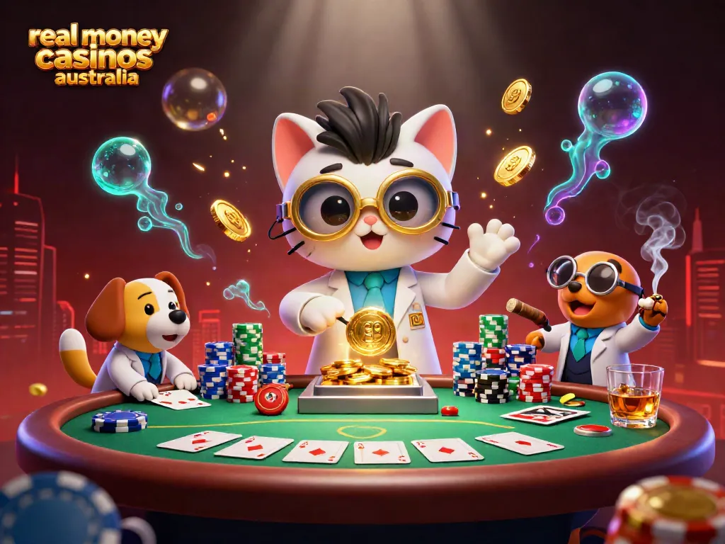 Play and win at real money casinos Australia with a dynamic lab scene of a mad scientist cat and dog amidst poker elements.