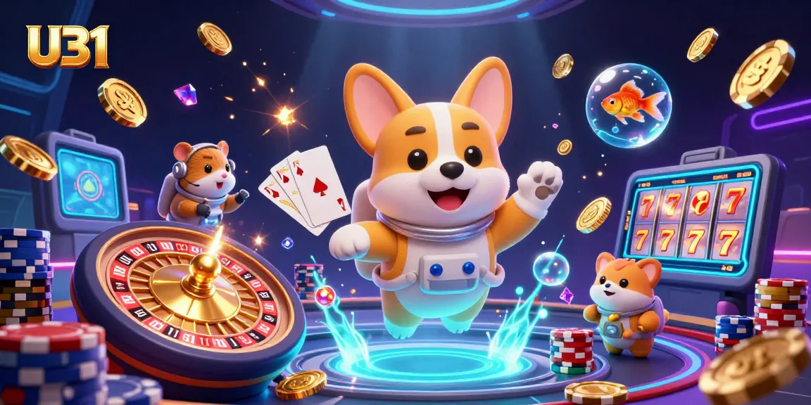U31's floating astronaut corgi in a vibrant casino scene, winning big with poker chips and golden coins.