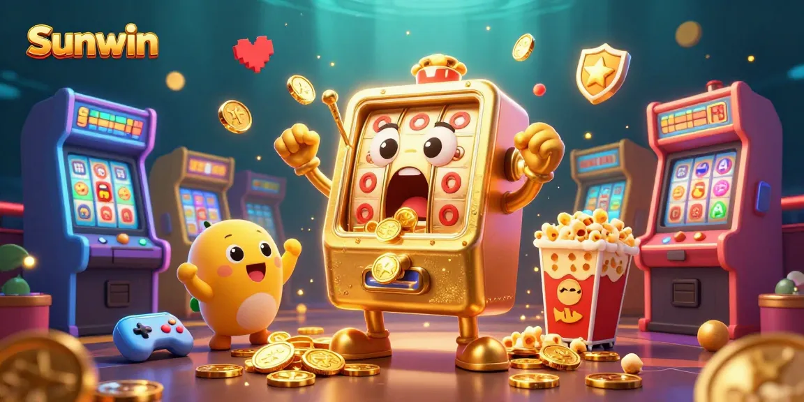 Join the exciting world of Sunwin, where golden slot machines hit jackpots and kids cheer amidst vibrant casino elements.