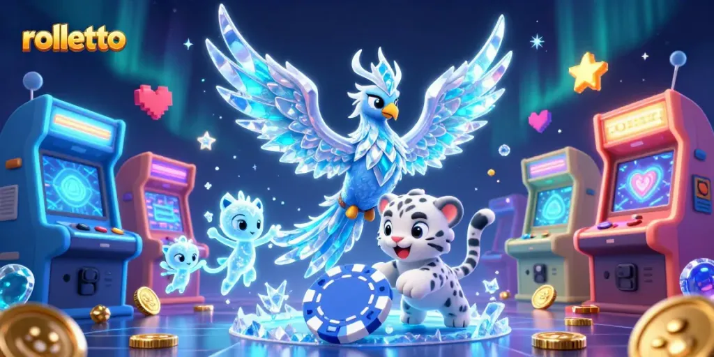 Engage in rolletto gaming as an ice phoenix and snow leopard cub create an enchanting casino atmosphere.