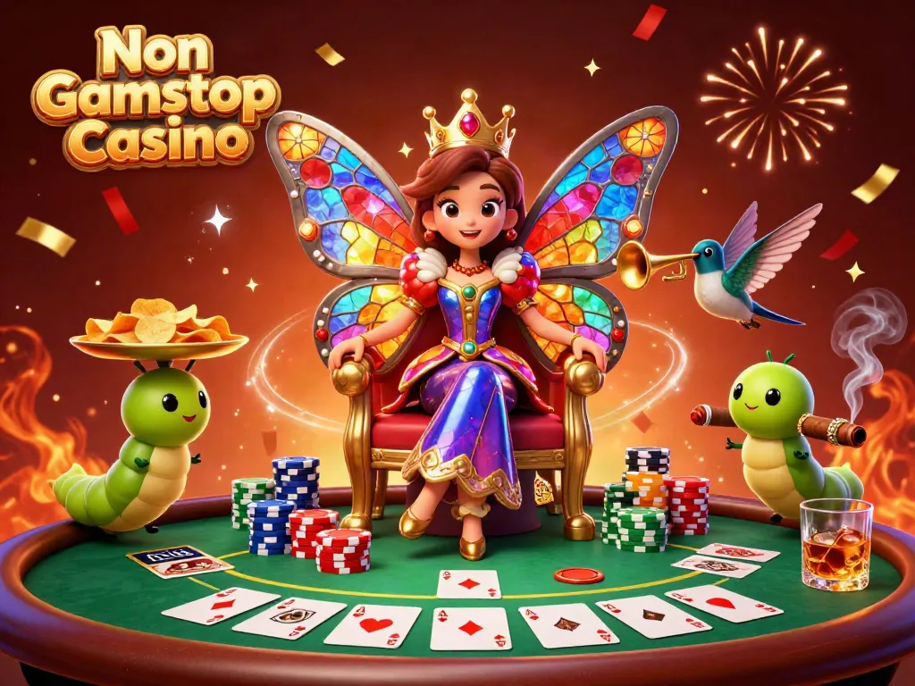 Engage with the vibrant Non Gamstop Casino scene featuring a butterfly queen and poker elements.