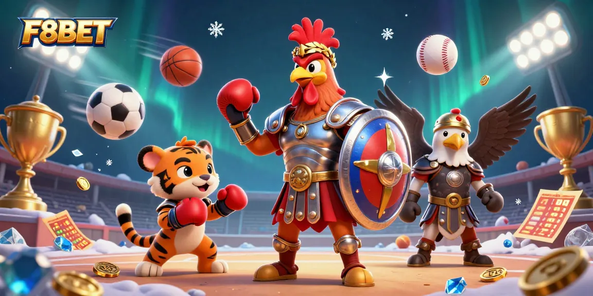 Experience the excitement of F8BET with a 3D gladiator rooster and a tiger cub in a lively casino scene.