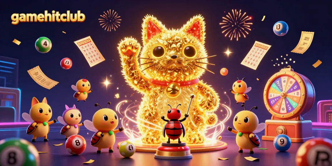Experience thrilling moments at gamehitclub with colorful lottery balls and a lucky cat symbolizing good fortune.