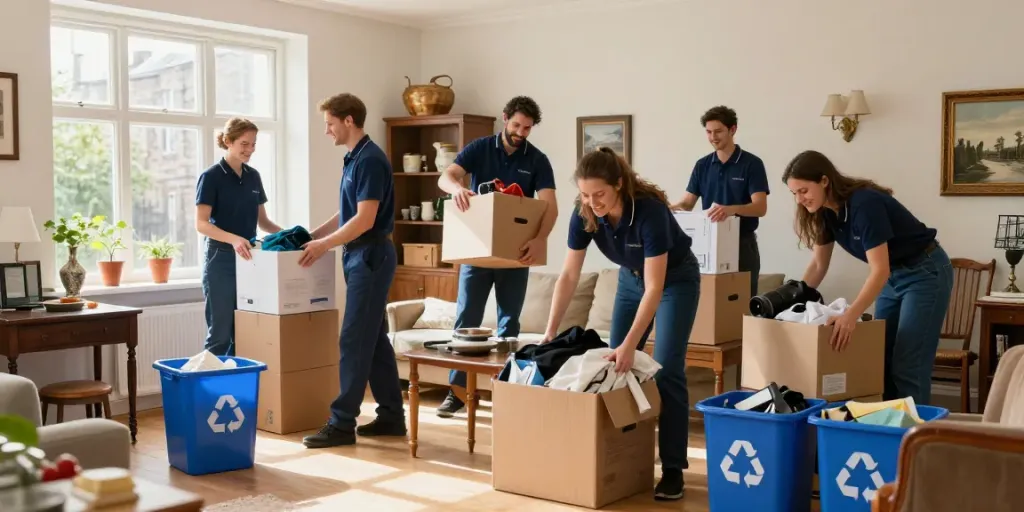 House Clearance Edinburgh team sorting belongings in a bright living room.