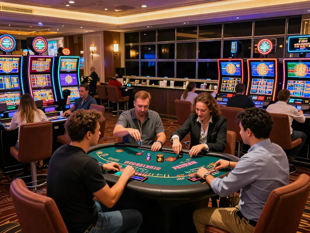 Players enjoying games at a casino not on GamStop, vibrant atmosphere and neon lights.