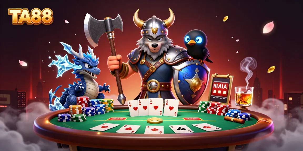 Engage in thrilling poker action at TA88 with a Viking warrior, dragon, and raven!