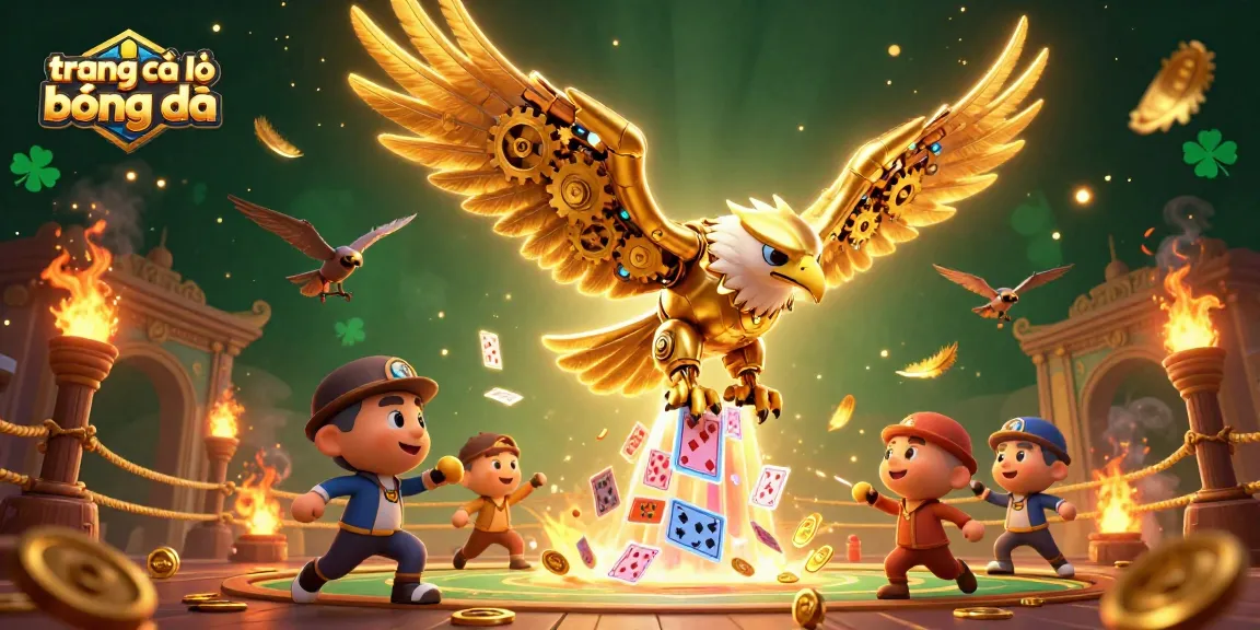 Engage in thrilling action with trang cá độ bóng đá in this vibrant 3D scene filled with golden eagles and holographic cards.