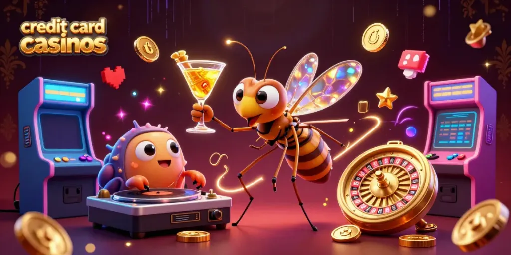 Engage with dynamic credit card casinos scene featuring unique gaming characters and vibrant elements.