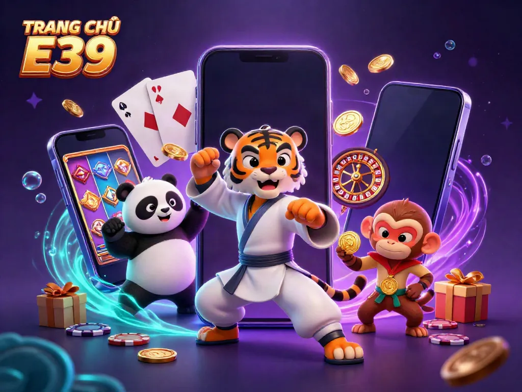 Play slots and win with TRANG CHỦ E39 among dynamic cartoon characters in an ultra-detailed casino scene.