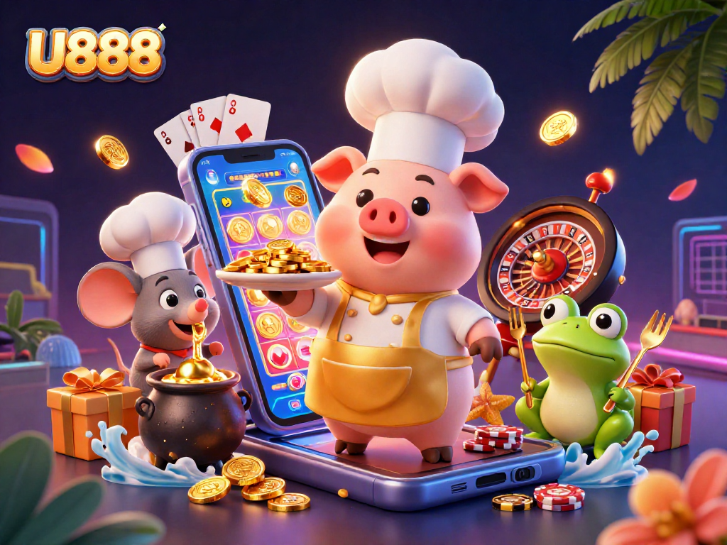 U888 offers a vibrant casino atmosphere featuring a chef pig serving gold coins amidst exciting game elements.