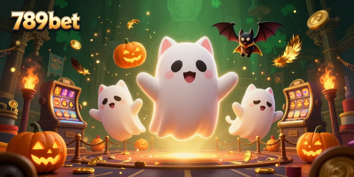 Catch the excitement of 789 bet with the ghost cat and bat companion in a haunted casino setting.