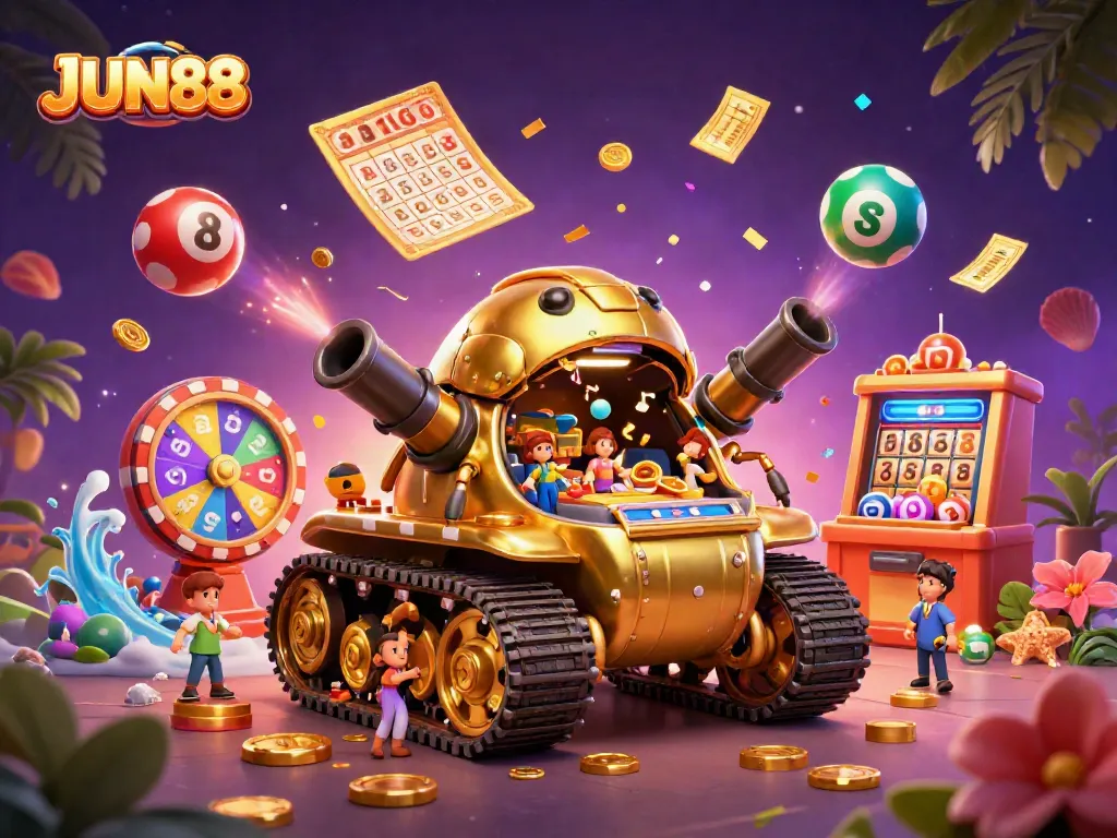 Experience the thrill of JUN88 with vibrant lottery balls and a bustling casino within a golden beetle tank.
