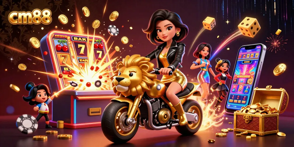 Experience winning moments at cm88 with a glamorous woman riding a golden lion in a lively casino scene.
