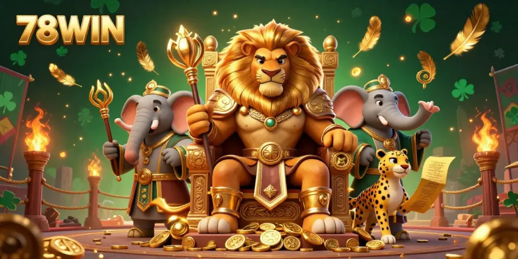 Engage with the dynamic world of 78WIN where the fierce lion king rules the casino realm, surrounded by an elephant advisor and cheetah messenger.