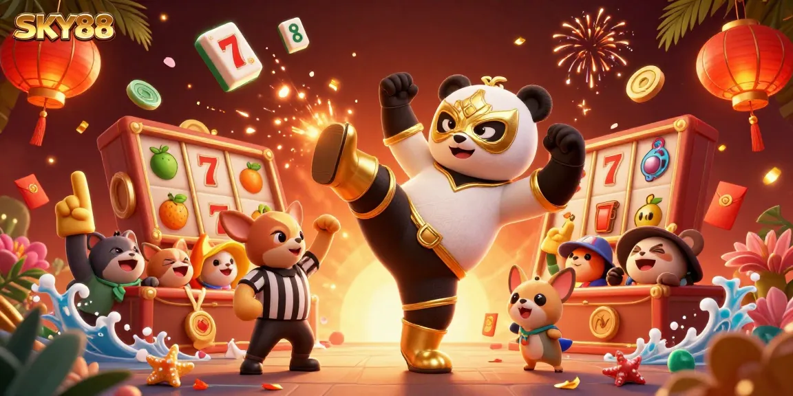 Experience SKY88 excitement with vibrant slots action featuring a cheering panda and lucky symbols.