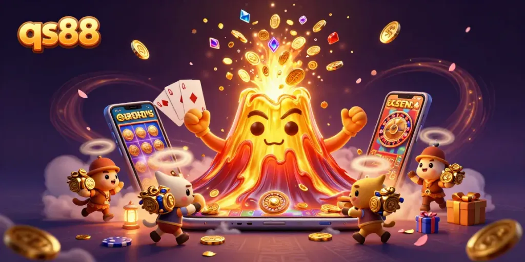 qs88 players engage with thrilling casino games amid an erupting volcano of treasures.