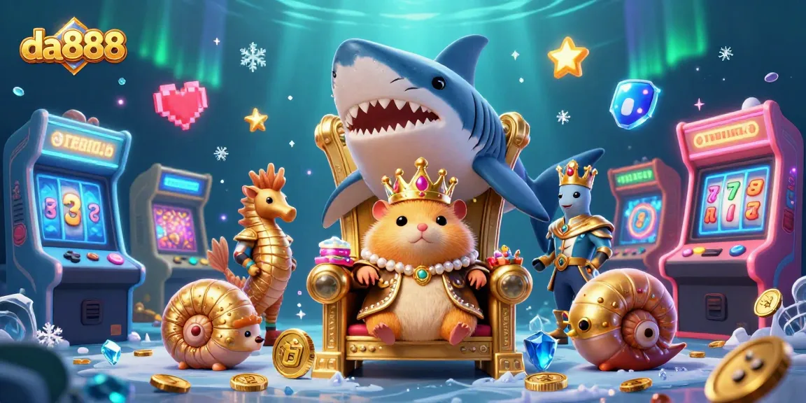 Experience the thrill of da888 with a vibrant 3D casino-themed illustration showcasing a golden hamster king on a megalodon throne.