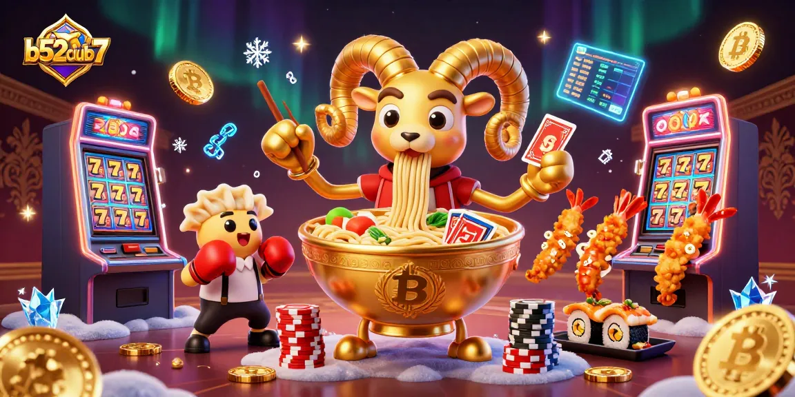 Enjoy thrilling action at b52club7 with a vibrant illustration featuring a giant ramen bowl dealer and dynamic gambling elements.