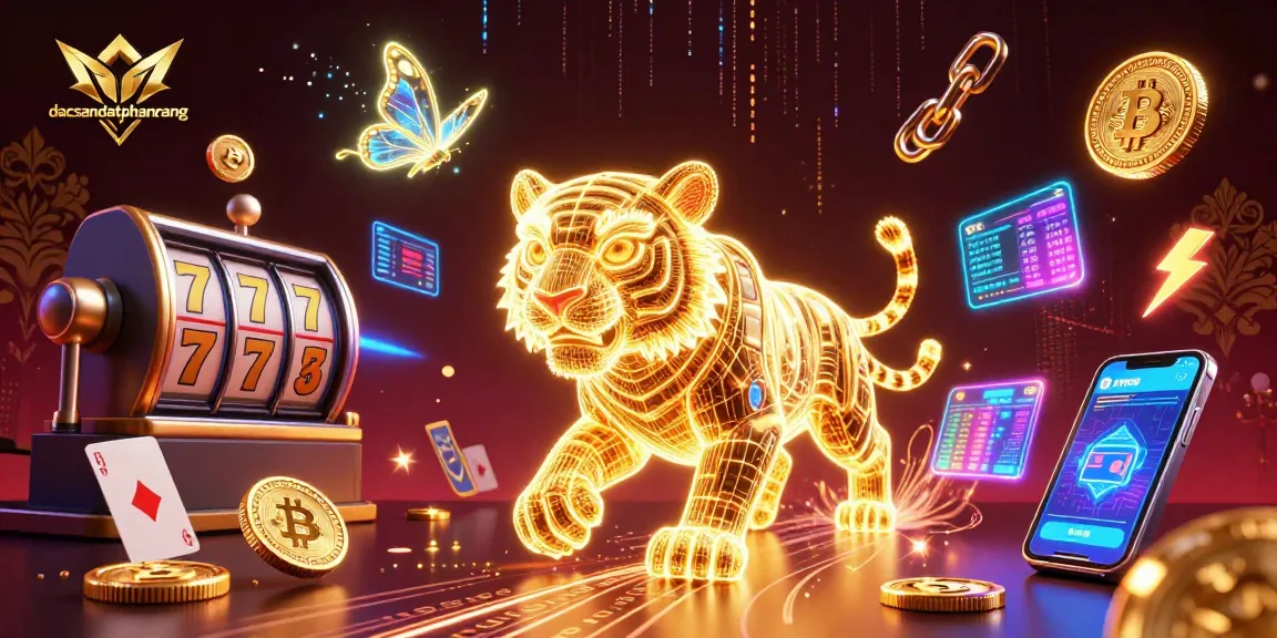 Engage with dacsandatphanrang's vibrant casino landscape bustling with action and neon energy, featuring a golden tiger and holographic butterflies.