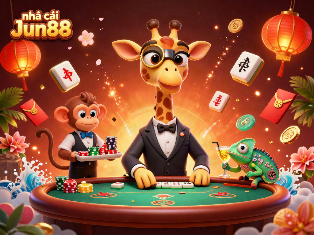 Engage with nhà cái Jun88 as a high-roller giraffe plays poker amidst festive casino elements.