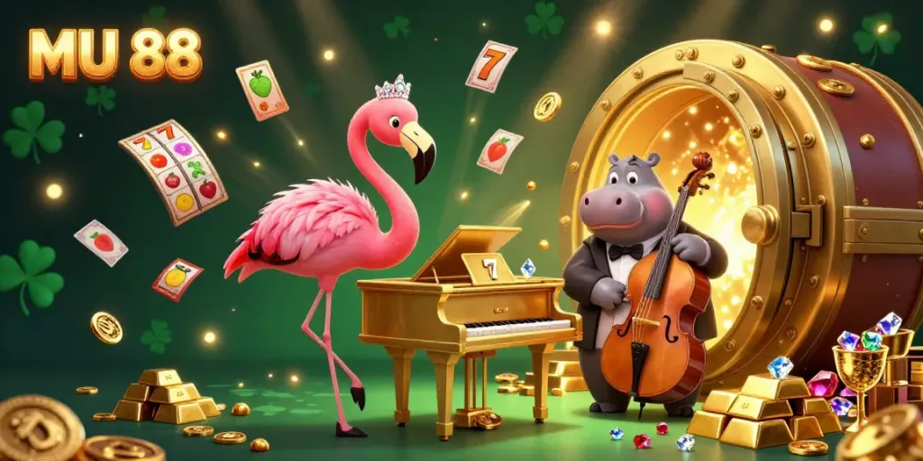 Engage with MU 88 vibrant casino scene featuring a flamingo singer and hippo bassist amidst gold treasures.
