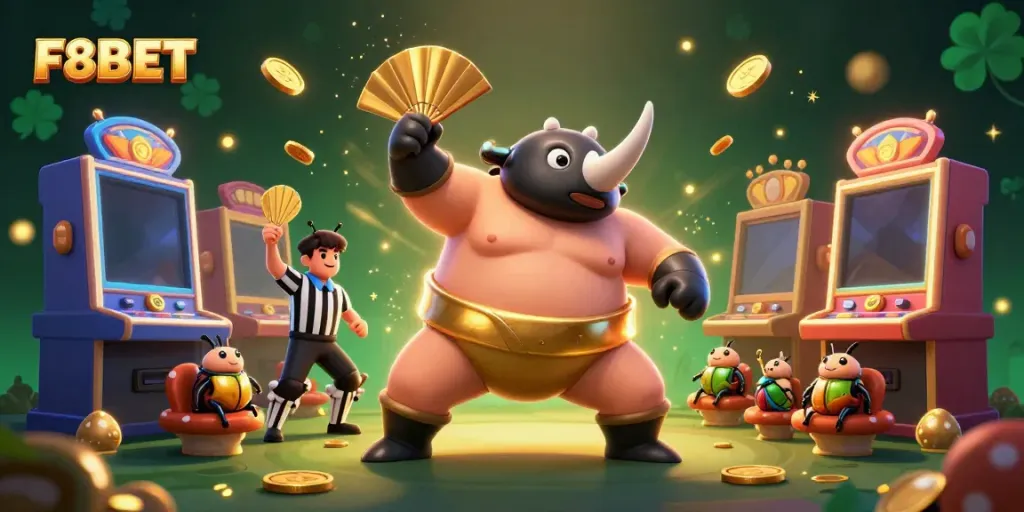 F8BET slot game excitement with a sumo beetle champion surrounded by golden coins and themed arcade machines.