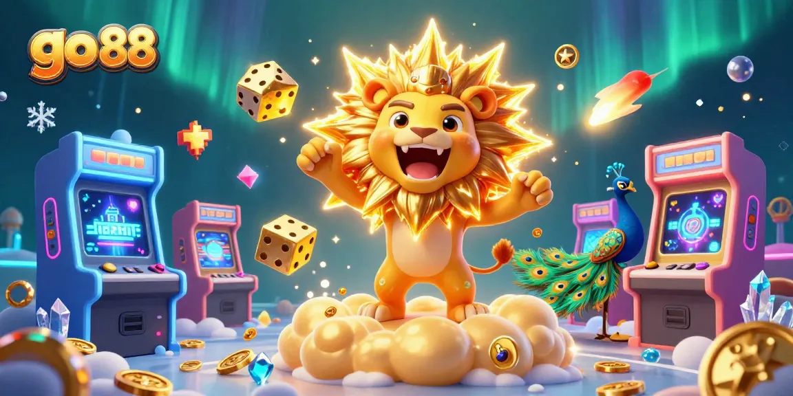 Engage with go 88 at this vibrant casino-themed illustration featuring a roaring lion amidst golden dice and arcade machines.