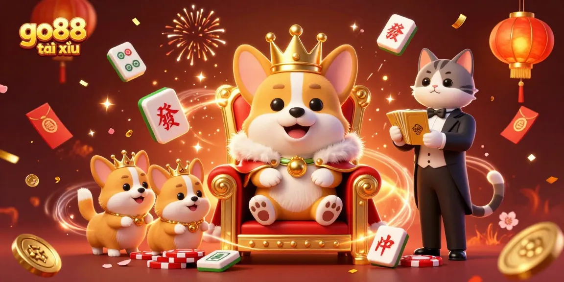 Experience go88 tài xỉu excitement with a royal corgi on a poker chip throne in this vibrant casino illustration.
