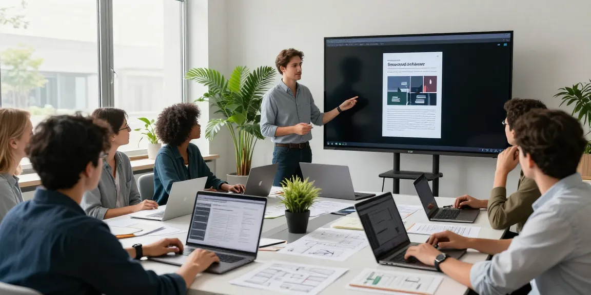 Dynamic collaborative session on sponsored software articles in a modern office.
