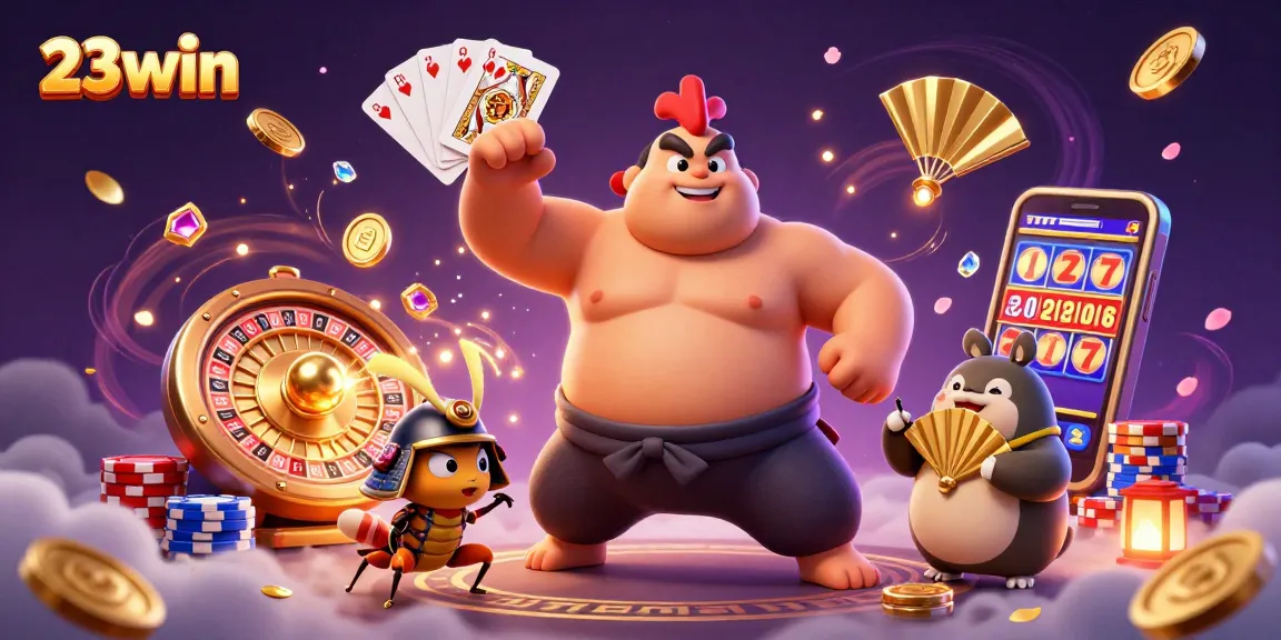 Experience thrilling gameplay at 23win with a vibrant 3D illustration of exciting casino elements.