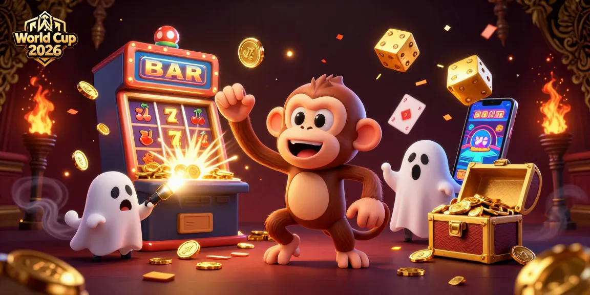 Experience the thrill of World Cup 2026 with a playful monkey juggling coins in a bustling casino scene.