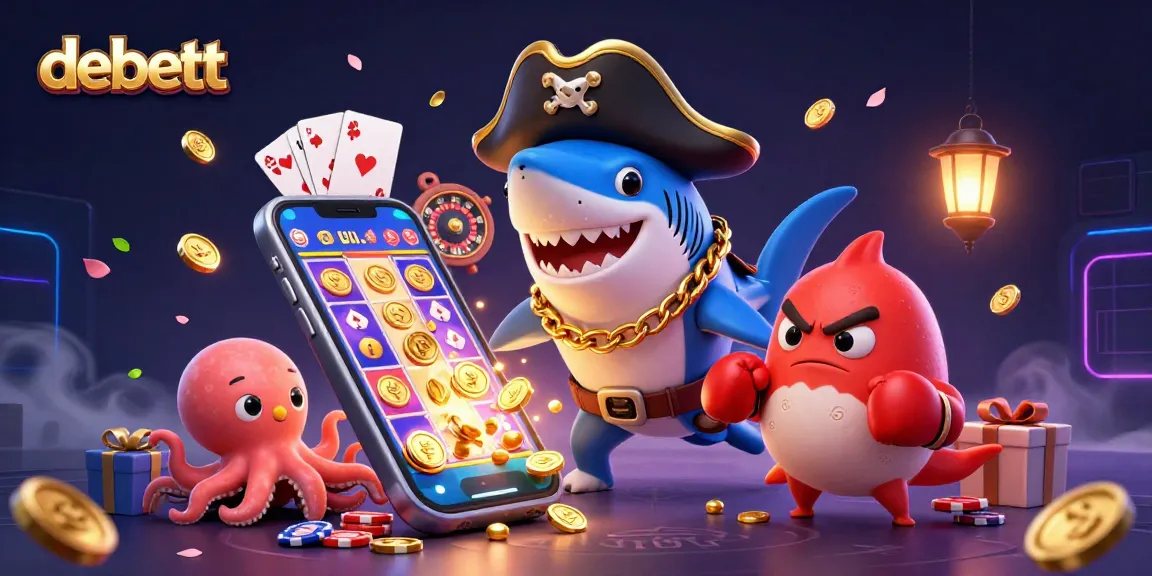 Experience thrilling gaming action with debett’s 3D characters winning gold coins in this vibrant casino scene.