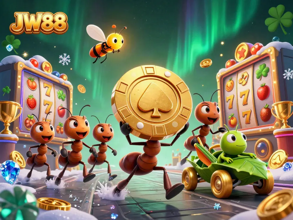 Engage with JW88's exciting slot gaming adventure as ants carry a giant poker chip in a vibrant heist scene.